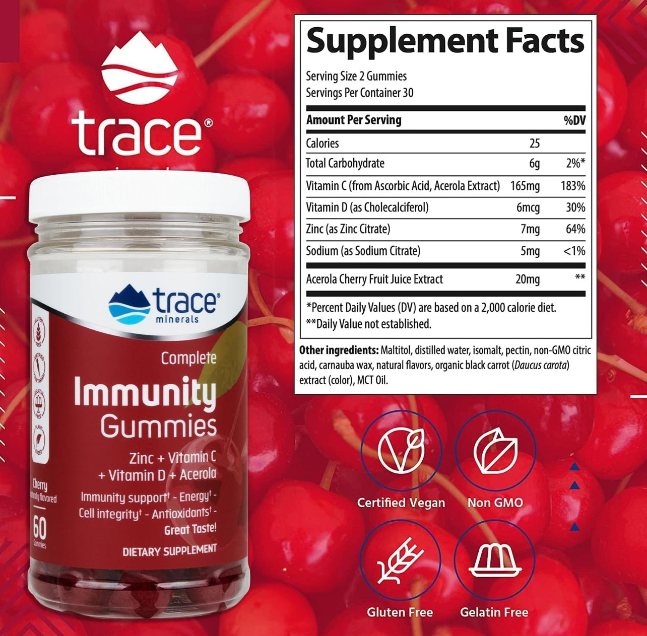 Trace Minerals Immunity Gummies Zinc, Vitamina C, Vitamina D 60 Gomitas