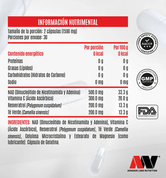 Advance Nutrition NAD + Resveratrol y Te Verde 60 Caps